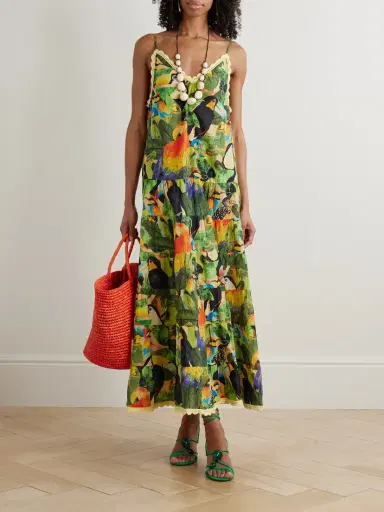 Farm Rio Bird Leaves Crochet-trimmed Tiered Printed Cotton Maxi Dress | Thumbnail 2 Farm Rio Bird Leaves Crochet-trimmed Tiered Printed Cotton Maxi Dress | Thumbnail 2