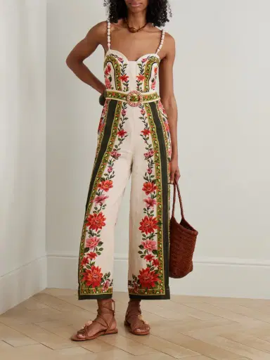 Farm Rio Wonder Rio Belted Embellished Printed Linen Jumpsuit | Thumbnail 2