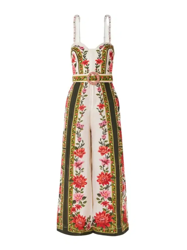 Wonder Rio Belted Embellished Printed Linen Jumpsuit