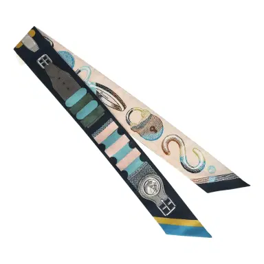HERMÈS Hermes "C'est La Fete" Gris, Rose, Bleu Marine Multi Silk Twilly Pair | Thumbnail 2