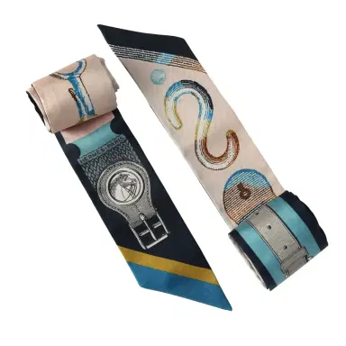 HERMÈS Hermes "C'est La Fete" Gris, Rose, Bleu Marine Multi Silk Twilly Pair | Thumbnail 4