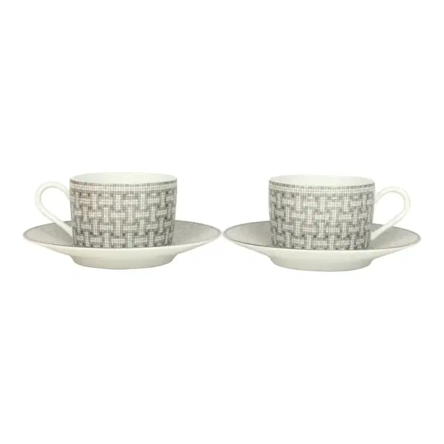 HERMÈS Hermes "Mosaique Au 24" White & Grey Porcelain Tea Cup and Saucer Set