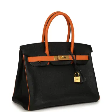 HERMÈS Pre-owned Hermes Special Order (HSS) Birkin 30 Black and Orange Chevre Brushed Gold Hardware | Thumbnail 2