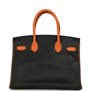 HERMÈS Pre-owned Hermes Special Order (HSS) Birkin 30 Black and Orange Chevre Brushed Gold Hardware | Thumbnail 4