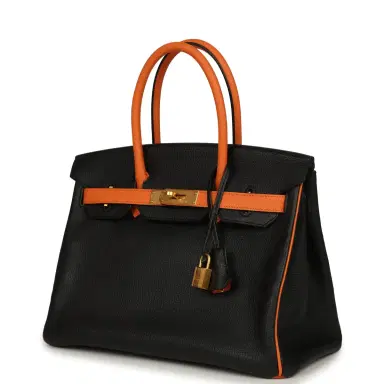HERMÈS Pre-owned Hermes Special Order (HSS) Birkin 30 Black and Orange Chevre Brushed Gold Hardware | Thumbnail 5