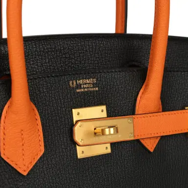 HERMÈS Pre-owned Hermes Special Order (HSS) Birkin 30 Black and Orange Chevre Brushed Gold Hardware | Thumbnail 7
