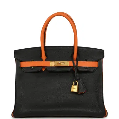 HERMÈS Pre-owned Hermes Special Order (HSS) Birkin 30 Black and Orange Chevre Brushed Gold Hardware | Thumbnail 1