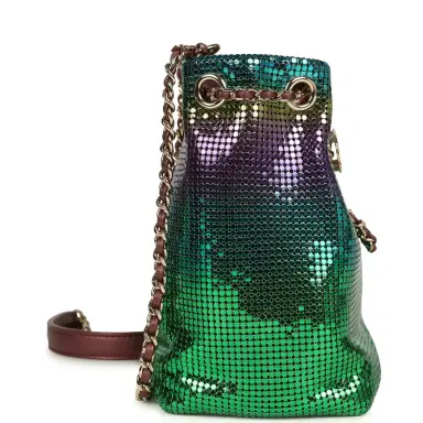 Chanel Pre-owned Chanel Mini Bucket Bag Green, Purple and Blue Ombre Metallic Mesh Light Gold Hardware | Thumbnail 3