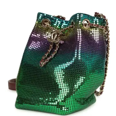 Chanel Pre-owned Chanel Mini Bucket Bag Green, Purple and Blue Ombre Metallic Mesh Light Gold Hardware | Thumbnail 5