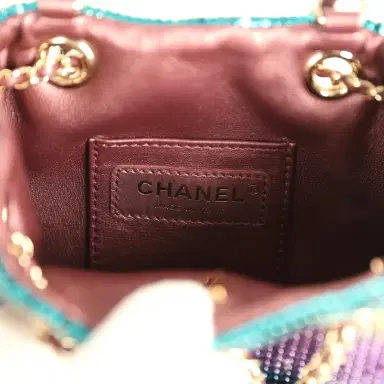 Chanel Pre-owned Chanel Mini Bucket Bag Green, Purple and Blue Ombre Metallic Mesh Light Gold Hardware | Thumbnail 9