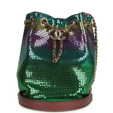 Chanel Pre-owned Chanel Mini Bucket Bag Green, Purple and Blue Ombre Metallic Mesh Light Gold Hardware | Thumbnail 1