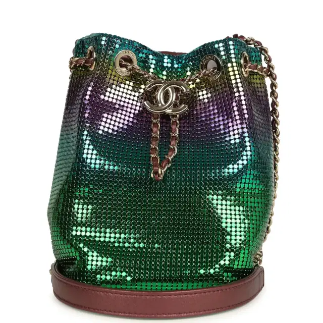 Chanel Pre-owned Chanel Mini Bucket Bag Green, Purple and Blue Ombre Metallic Mesh Light Gold Hardware