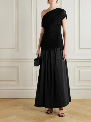 Self-Portrait Off-the-shoulder Draped Knitted And Cotton Midi Dress | Thumbnail 2 Self-Portrait Off-the-shoulder Draped Knitted And Cotton Midi Dress | Thumbnail 2