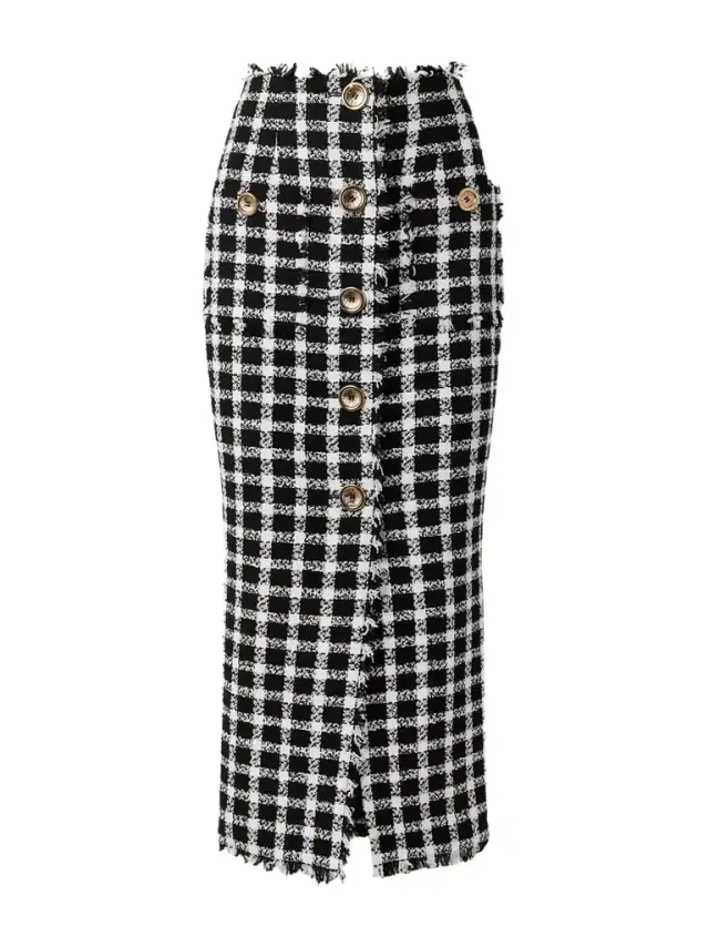 Frayed Checked Cotton-blend Tweed Midi Skirt