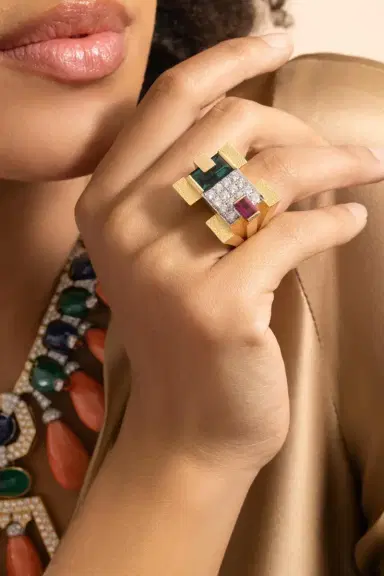 DAVID WEBB Green Tourmaline Step Cut Cubist Scaffold Ring | Thumbnail 2
