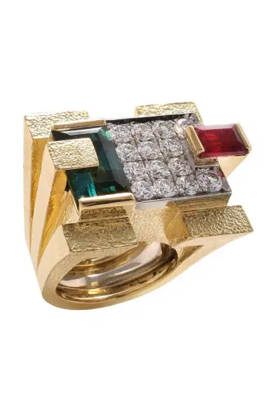 DAVID WEBB Green Tourmaline Step Cut Cubist Scaffold Ring | Thumbnail 1