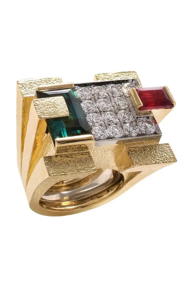 DAVID WEBB Green Tourmaline Step Cut Cubist Scaffold Ring