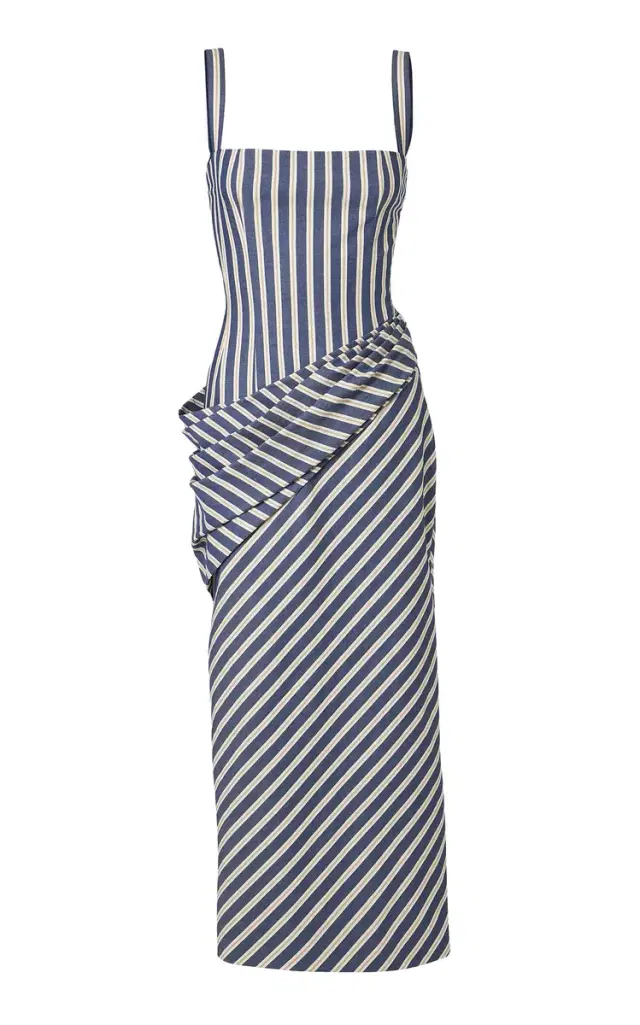 Carolina Herrera Draped Cotton Denim-Stripe Midi Dress
