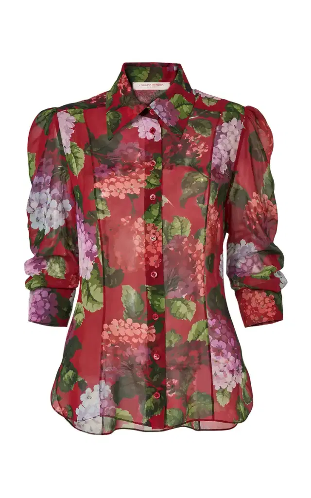 Collared Hydrangea-Printed Chiffon Top