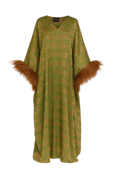 Dima Ayad Feather-Trimmed Metallic Print Maxi Kaftan | Thumbnail 2