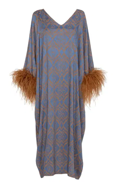 Dima Ayad Feather-Trimmed Metallic Print Maxi Kaftan | Thumbnail 1