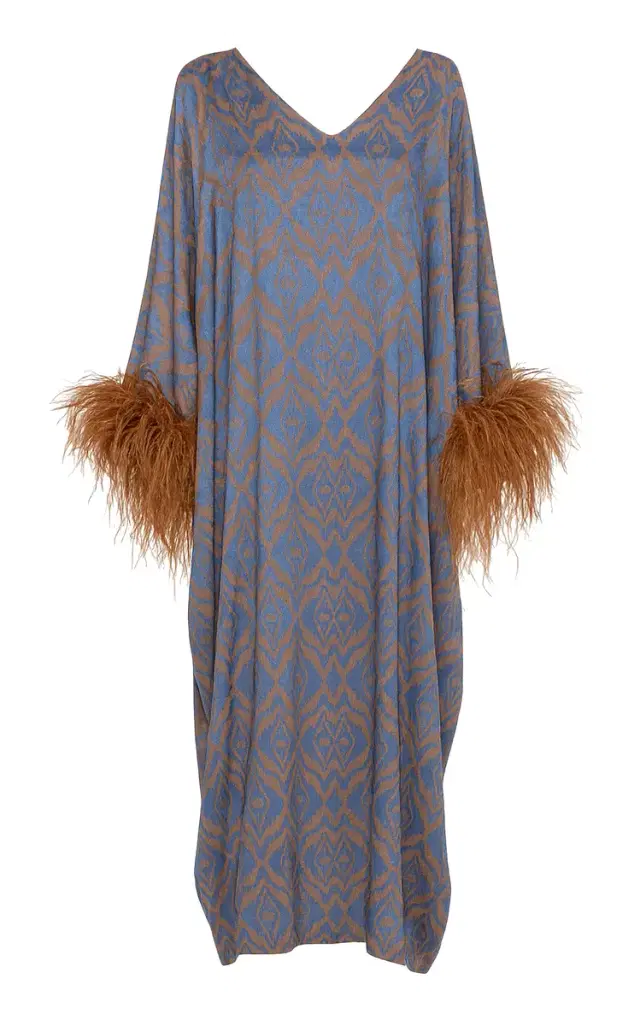 Feather-Trimmed Metallic Print Maxi Kaftan
