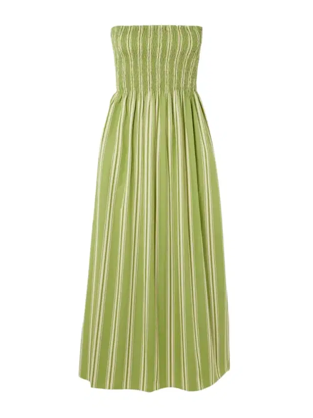 Faithfull Jamie Strapless Striped Shirred Cotton-poplin Midi Dress