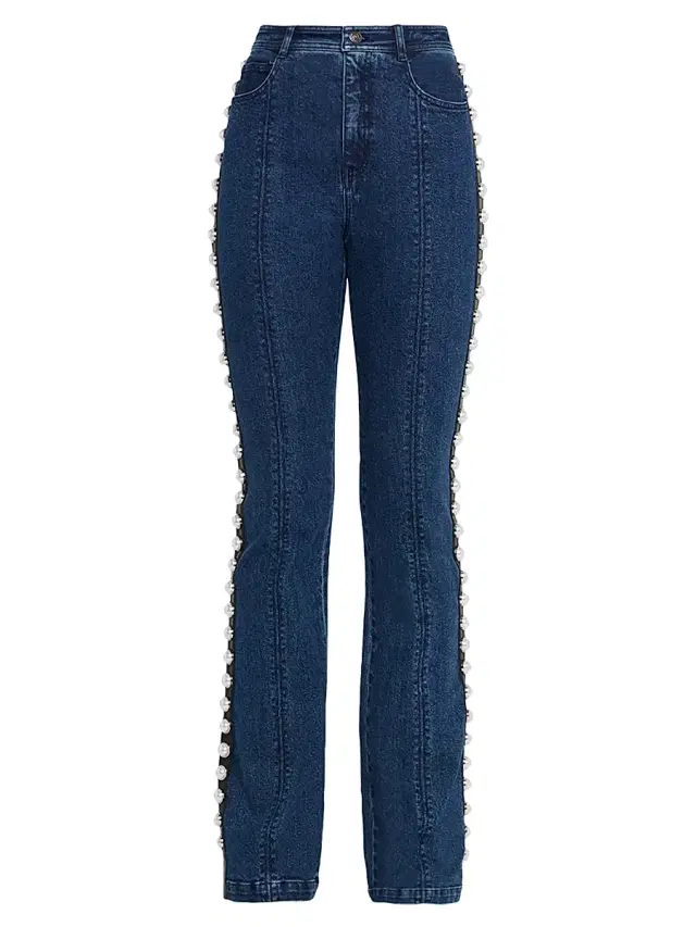 Women's Pearl-Trim High-Rise Stretch Flare Jeans - Oceane