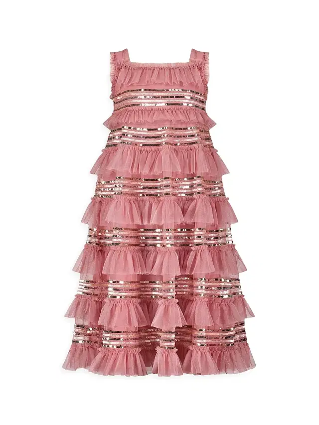 Mac Duggal Little Girl's & Girl's Mesh Micro Ruffle Sequined Dress - Rose