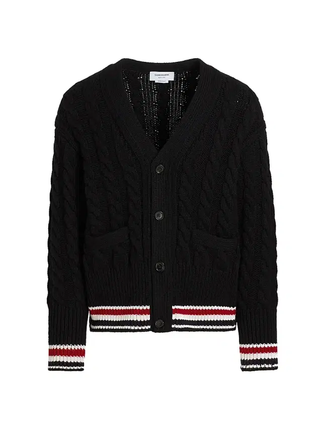 Men's Cable-Knit Merino Wool Cardigan - Black