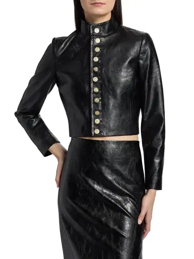 ALICE + OLIVIA Women's Emerson Faux-Leather Crop Miltary Jacket - Black | Thumbnail 3 ALICE + OLIVIA Women's Emerson Faux-Leather Crop Miltary Jacket - Black | Thumbnail 3