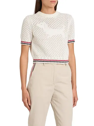 Thom Browne Women's Hector Pointelle-Knit Cotton T-Shirt - White | Thumbnail 3 Thom Browne Women's Hector Pointelle-Knit Cotton T-Shirt - White | Thumbnail 3