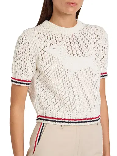 Thom Browne Women's Hector Pointelle-Knit Cotton T-Shirt - White | Thumbnail 6 Thom Browne Women's Hector Pointelle-Knit Cotton T-Shirt - White | Thumbnail 6