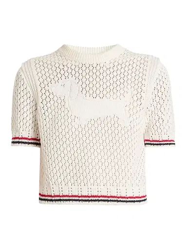 Thom Browne Women's Hector Pointelle-Knit Cotton T-Shirt - White | Thumbnail 1 Thom Browne Women's Hector Pointelle-Knit Cotton T-Shirt - White | Thumbnail 1