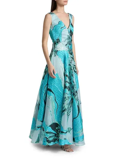Talbot Runhof Women's Metallic Jacquard Sleeveless A-Line Gown - Seafoam - Size 14 | Thumbnail 2