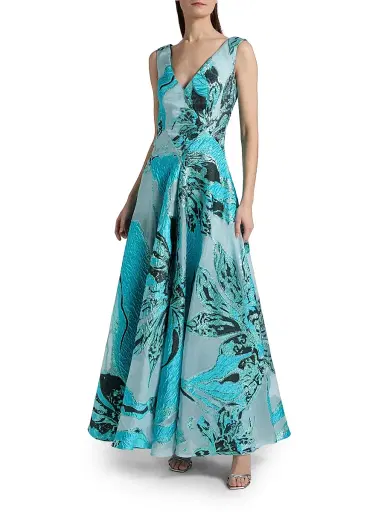 Talbot Runhof Women's Metallic Jacquard Sleeveless A-Line Gown - Seafoam - Size 14 | Thumbnail 3