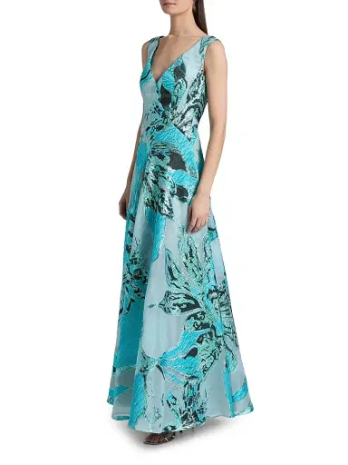 Talbot Runhof Women's Metallic Jacquard Sleeveless A-Line Gown - Seafoam - Size 14 | Thumbnail 4