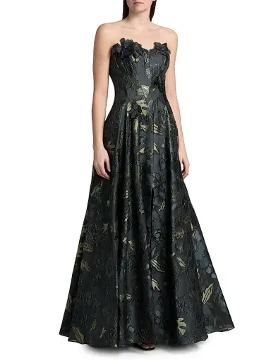 Rene Ruiz Collection Women's Floral-Appliqué Brocade Sweetheart Gown - Sage Pewter | Thumbnail 3