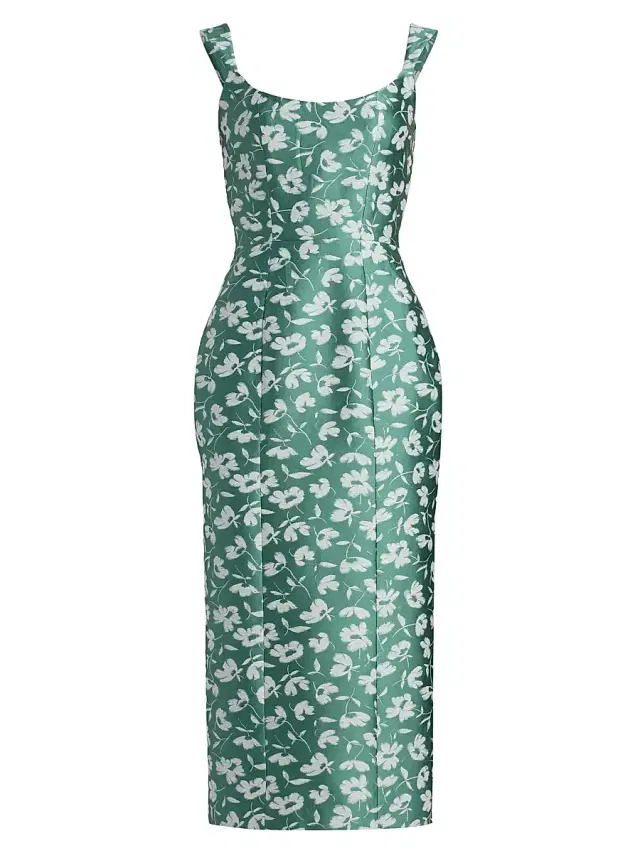 Women's Numa Floral Brocade Scoopneck Corset Midi-Dress - Green White