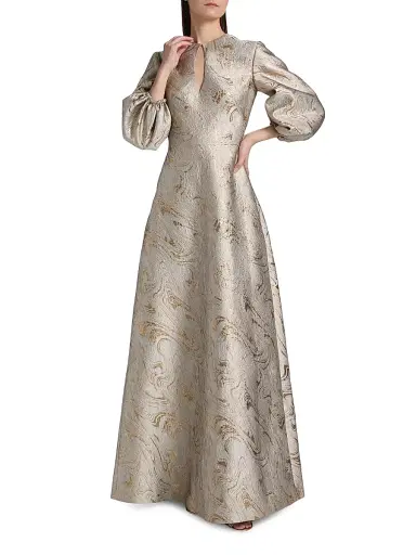Reem Acra Women's Petals, Spice, & Whispers of Plumage Brocade Caftan - Platinum Marble - Size 6 | Thumbnail 2