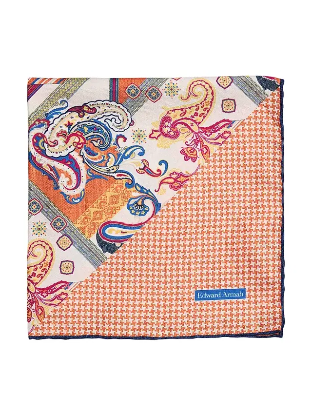Edward Armah Men's Printed Silk Pocket Square - Orange