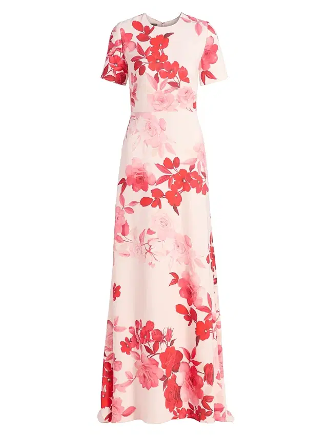 Women's Ombré Floral Short-Sleeve A-Line Gown - Powder Pink Multi