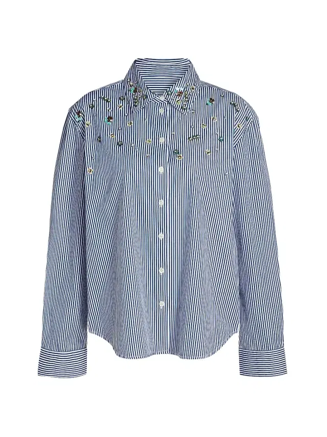 Tanya Taylor Women's Margaux Embellished Striped Cotton Top - Blue Optic White
