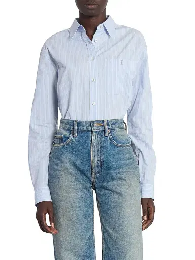 Saint Laurent Women's Cassandre Shirt in Striped Cotton Poplin - Bleu Gris - Size 2 | Thumbnail 4 Saint Laurent Women's Cassandre Shirt in Striped Cotton Poplin - Bleu Gris - Size 2 | Thumbnail 4