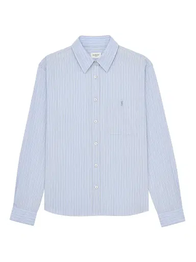 Saint Laurent Women's Cassandre Shirt in Striped Cotton Poplin - Bleu Gris - Size 2 | Thumbnail 1 Saint Laurent Women's Cassandre Shirt in Striped Cotton Poplin - Bleu Gris - Size 2 | Thumbnail 1