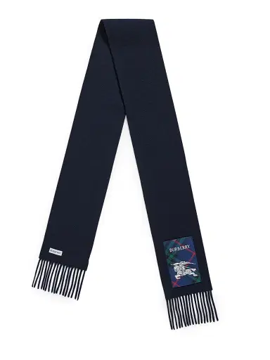 Burberry Men's Cashmere Fringed Narrow Scarf - Dark Blue | Thumbnail 1 Burberry Men's Cashmere Fringed Narrow Scarf - Dark Blue | Thumbnail 1
