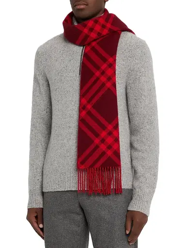 Burberry Men's Cashmere Check Fringed Scarf - Oxblood | Thumbnail 2