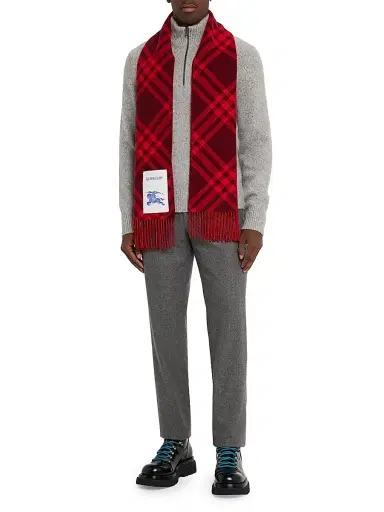 Burberry Men's Cashmere Check Fringed Scarf - Oxblood | Thumbnail 3