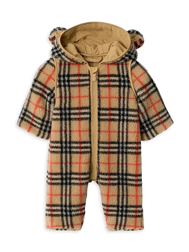 Baby's Madison Check Fleece Hooded Jumpsuit - Sand 3 Months