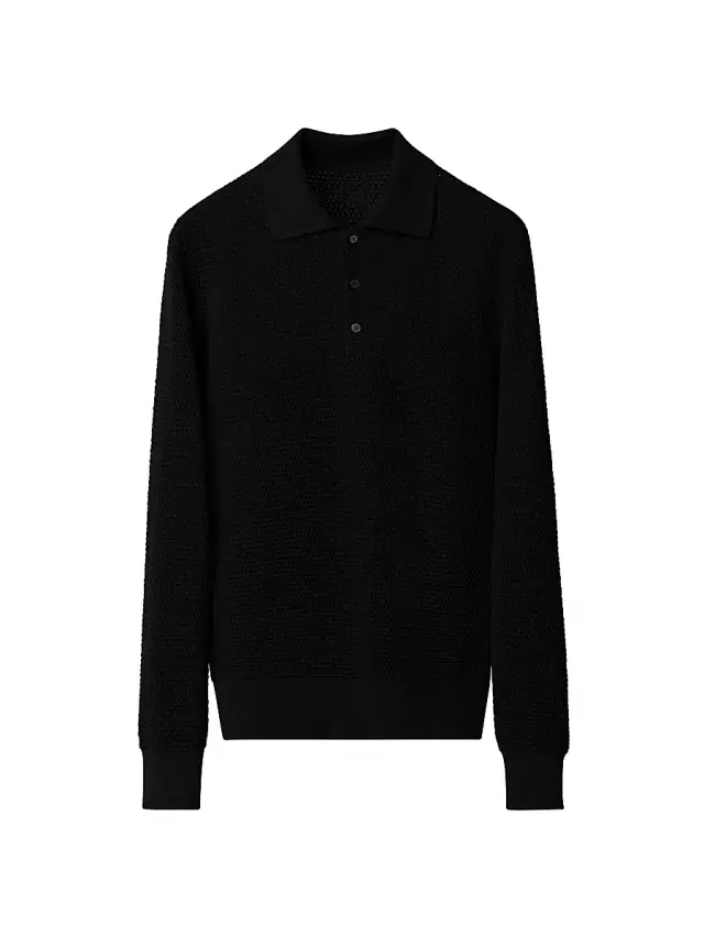 Men's Merino Wool Textured Polo Sweater - Black